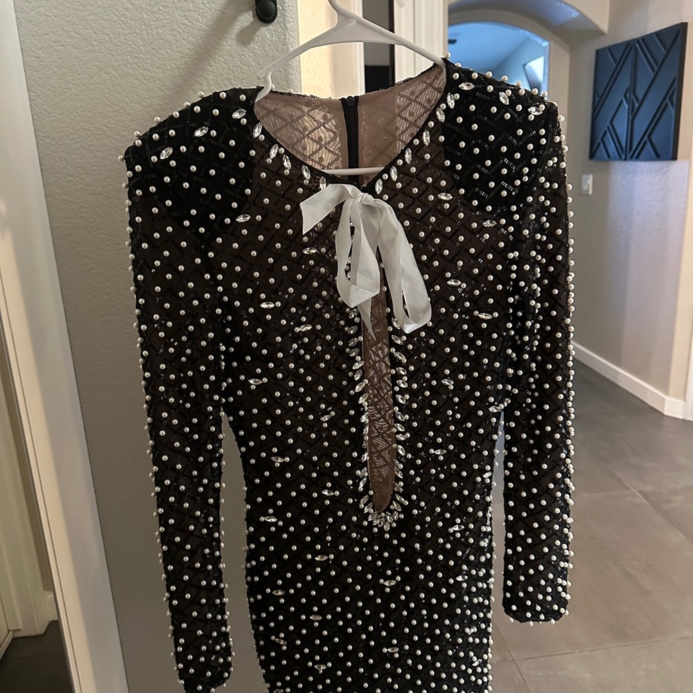 Elegant Black and White Pearl Embellished Maxi Dress
